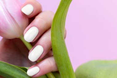 Güzel manikürlü bir kadın eli. Pembe arka planda lale çiçekli bulutlu beyaz dansçı tırnakları. Renk gösterimi, eğilim 2026.