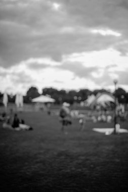 Millet, aile eğlence parkında. Halk parkında aile veya arkadaşlarla piknik yapan soyut bulanık insanlar, şehir eğlence yaşam tarzı. Odaklanmamış arka plan. Siyah ve beyaz işleme