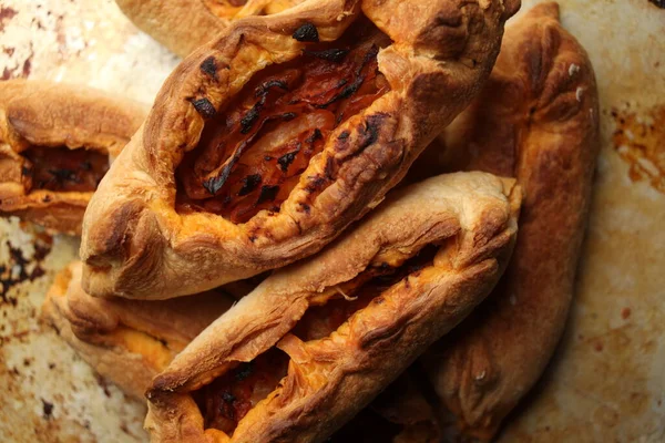 Twisted Pastry Stuffed Cabbage Table Russian Open Pirozhki Baked Patties — Stock Photo, Image