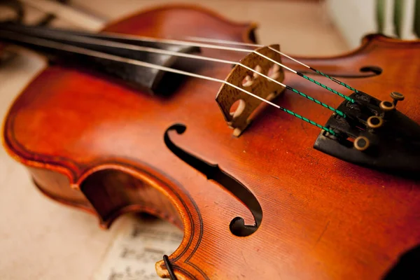 バイオリンのクローズアップの写真 チェロ弦のクローズアップ クラシック音楽のコンセプト バイオリンの詳細 楽器バイオリン — ストック写真
