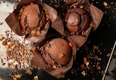 Çikolatalı kek, cevizli çikolatalı kek, kuru üzüm ve rendelenmiş çikolata ve koyu siyah arka planda koyu çikolatalı çikolata. Yemek tarifi kitabı yapmak için mükemmel..