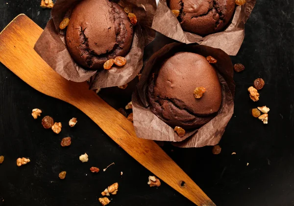 Pastel Pastel Chocolate Fondant Magdalenas Chocolate Con Nueces Pasas Chocolate — Foto de Stock