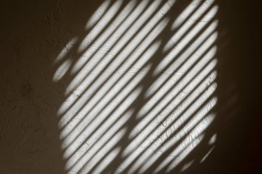 Shade from the blinds on the wall with plaster. Thin lines of light on the wall. The texture of the plaster. Shadow from the blinds. Place for your text.