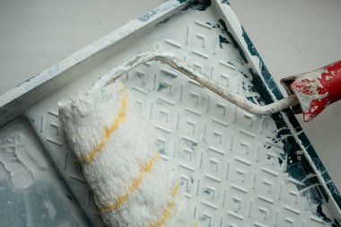 Roller with a red handle in a green pallet with white paint. Bucket with paint and a tray for paint and varnish. Roller and pallet with paint for rollers. Copy space for text. Concept of construction.