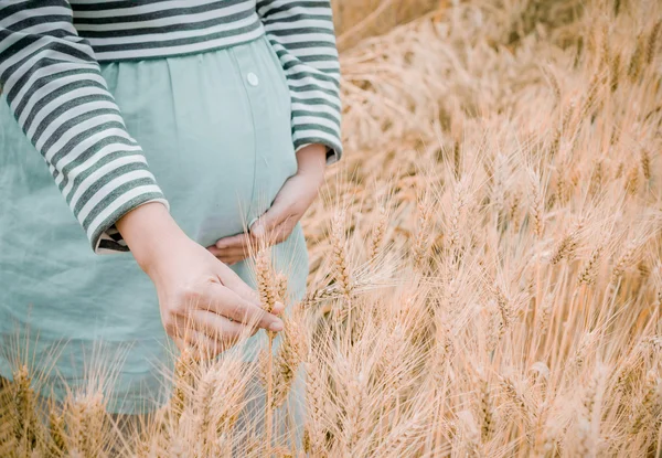 Happy family: a young beautiful pregnant woman walking in the wh — Stock Photo, Image