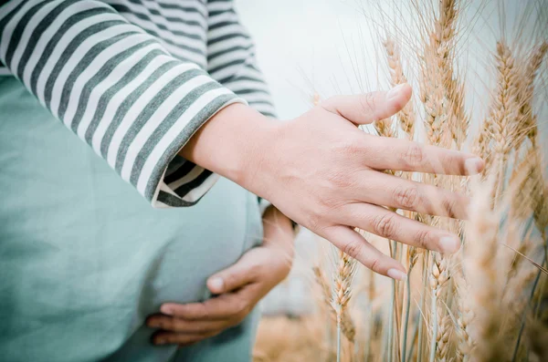 Happy family: a young beautiful pregnant woman walking in the wh — Stock Photo, Image