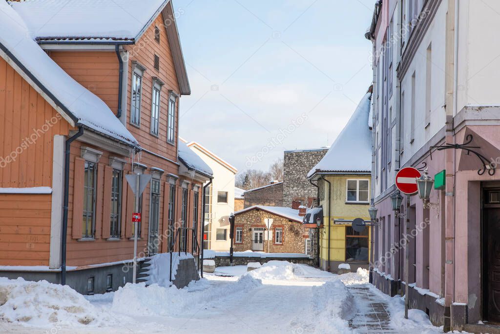 Snowy street in the Latvian town Cesis in the winter 