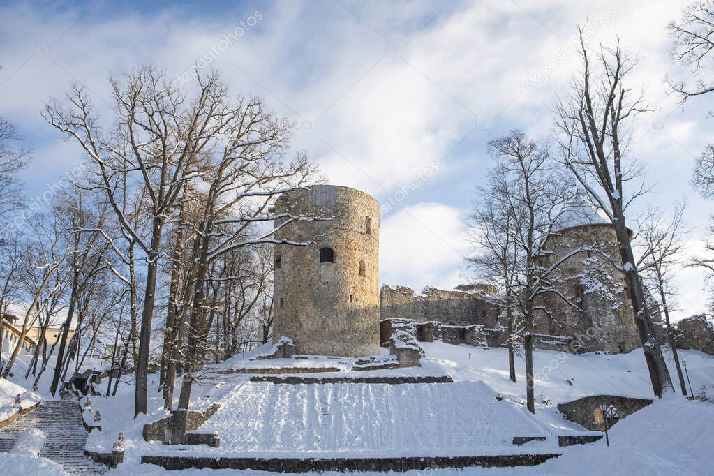 Ancient castle and park in the Latvian town Cesis in the winter 