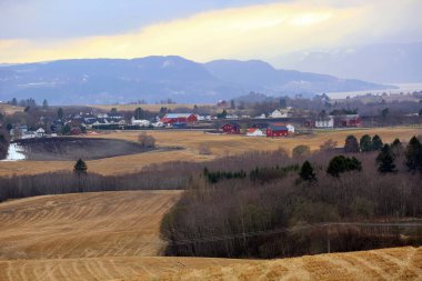 Norveç 'te bahar mevsimi, Norveç şehri Trondheim yakınlarındaki Byneset tarım alanının manzarası 
