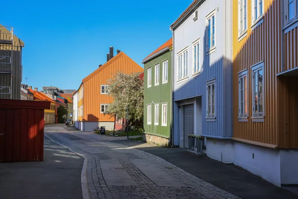 The street in Bakklandet, popular touristic district in Norwegian city Trondheim 