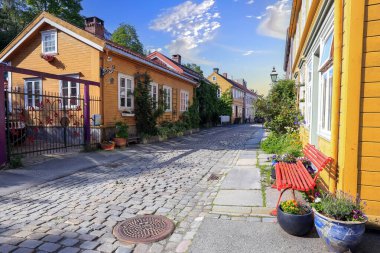 Yazın Trondheim 'da, tarihi yerleşim bölgesi Bakklandet' deki Nedre Bakklandet sokağı manzarası