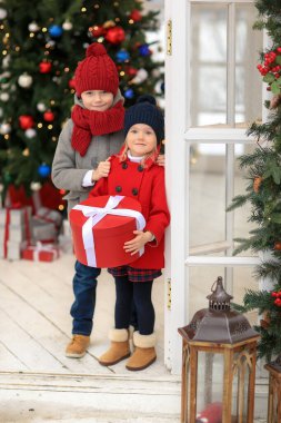Kırmızı paltolu güzel bir kız. Gri paltolu bir çocuk. Süslü Noel ağacının orada duruyor.