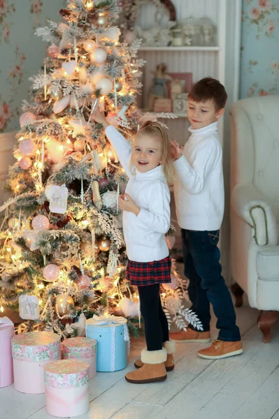 Nice Little Girl Boy White Knit Sweater Decorate White Christmas — Stock Photo, Image