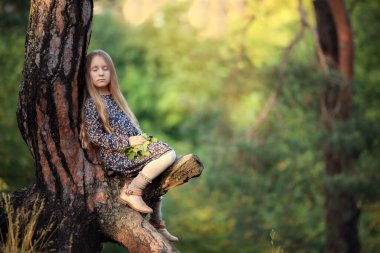 Ormandaki ağaçta oturan, uzun sarı kıvırcık saçlı, uzun boylu, kıvırcık saçlı bir kız.
