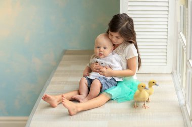 Beyaz tişörtlü ve mavi etekli kız beyaz gömlekli ve kot pantolonlu bebeğe sarılıyor pencerenin kenarında oturan iki yavru ördeğin yanında. Paskalya. Çocuklar ve hayvanlar