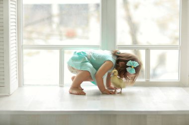 Pencerenin yanında durup ördeği öpen mavi elbiseli kız.