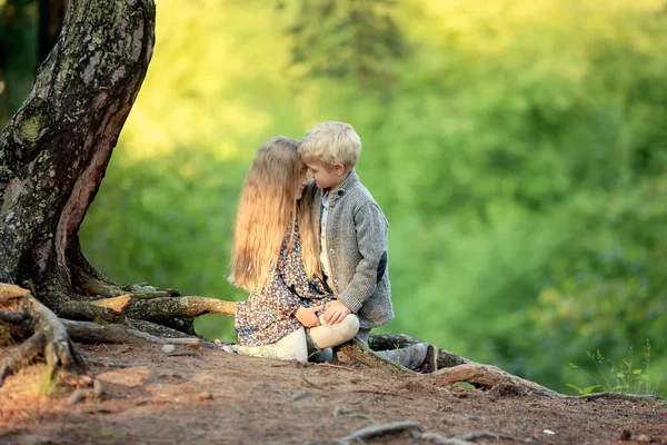 身着西服的男孩拥抱着一个长发卷曲的女孩 穿着衣服坐在森林的树根上 — 图库照片