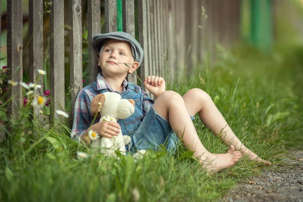 帽子の男の子と遊んだシャツとデニムのショートパンツは芝生の上の木製フェンスの近くに座っています彼のおもちゃの子犬と一緒に村の広いデイジー — ストック写真