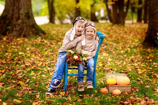 Dwóch Braci Beżowym Swetrze Dżinsy Kapelusze Piloci Siedzący Krześle Parku — Zdjęcie stockowe