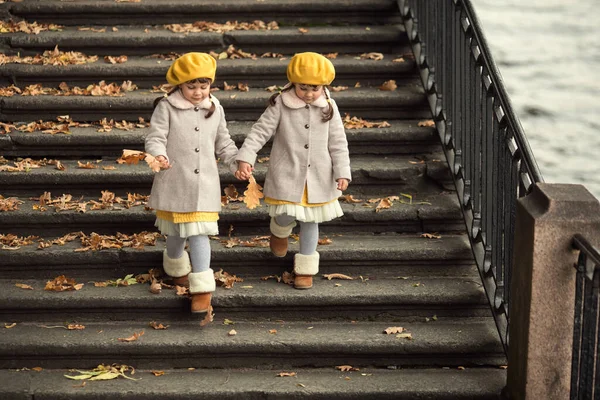 Gemelos Gemelos Abrigos Otoño Boinas Amarillas Bajan Por Las Escaleras — Foto de Stock