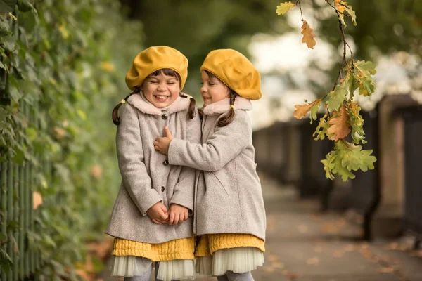秋のコートを着た2人の小さな双子の姉妹と2匹のピグテールの黄色い帽子がぶら下がって公園でお互いをくすぐっています — ストック写真