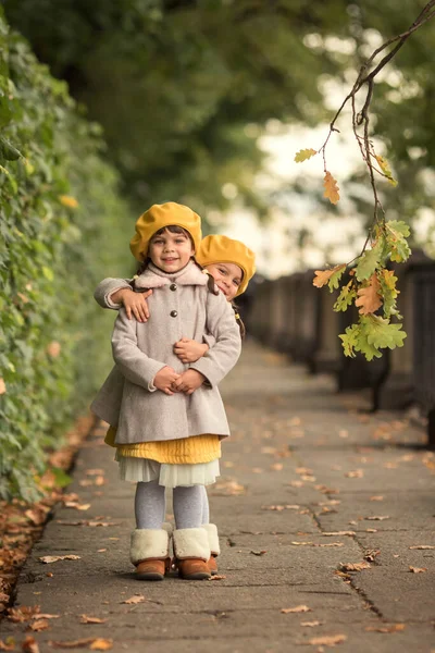 Deux Sœurs Jouent Cache Cache Dans Parc Automne Enfance — Photo