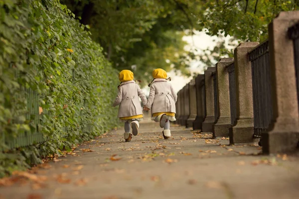 二人の女の子の双子の手を保持距離に逃げます 公園を家族で歩く 幼少期 姉妹期 — ストック写真
