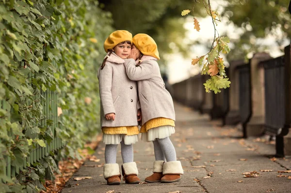 Zwei Kleine Zwillingsschwestern Herbstmantel Und Gelben Hüten Mit Zwei Zöpfen Stockbild