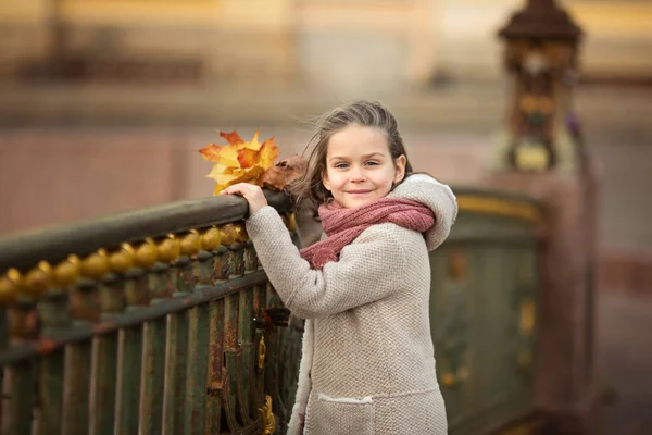 橋の上に立つ少女サンクトペテルブルクでは秋の花束を手に — ストック写真