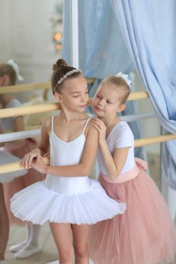 Pembe etekli iki güzel balerin bir bale sopasının yanında duruyor ve sarılıyorlar. Bale dersi. Çocuklar ve hobiler