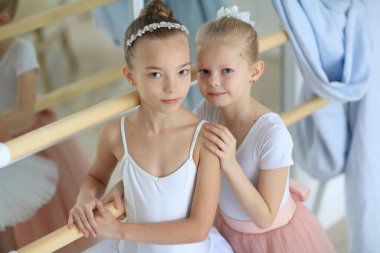 Pembe etekli iki güzel balerin bir bale sopasının yanında duruyor ve sarılıyorlar. Bale dersi. Çocuklar ve hobiler