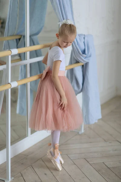Krásná Baletka Růžové Sukýnce Stojící Baletní Hole Kurz Baletu Děti — Stock fotografie