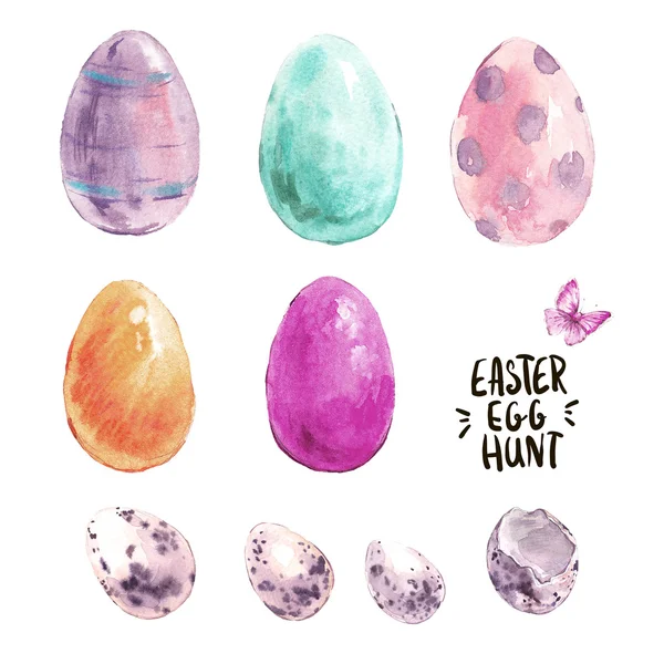 Watercolor Happy Easter set, Colored eggs, — 스톡 사진
