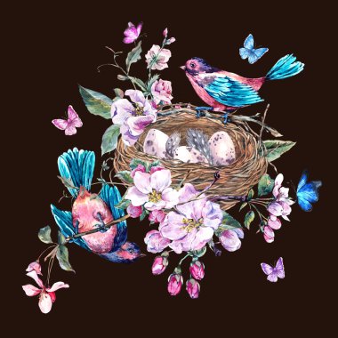 Vintage watercolor spring greeting card with pink flowers bloomi