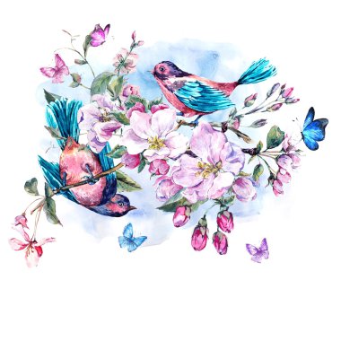 Greeting card with blooming branches and birds