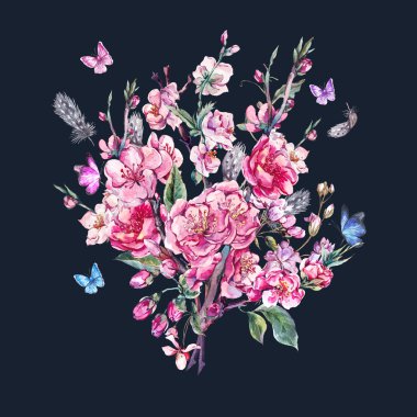 Watercolor Spring Greeting Card, blooming branches of cherry