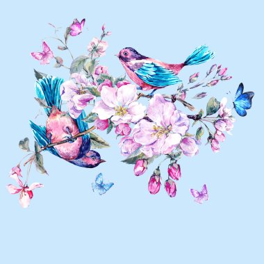 Greeting card with blooming branches and birds