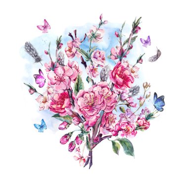 Watercolor Spring Greeting Card, blooming branches of cherry