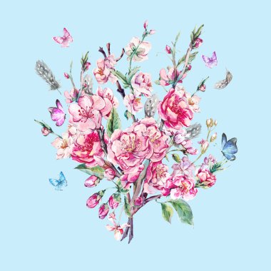 Watercolor Spring Greeting Card, blooming branches of cherry