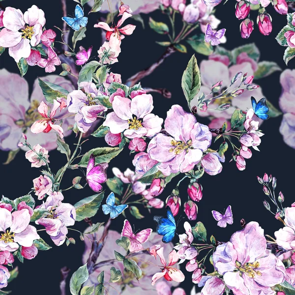 Watercolor spring seamless background with pink flowers blooming — Φωτογραφία Αρχείου