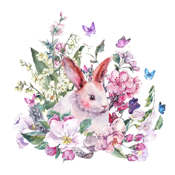 Watercolor spring greeting card white bunny — Stok fotoğraf