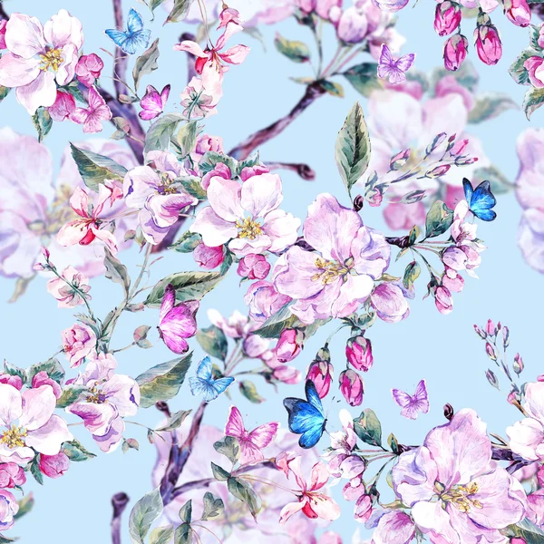 Watercolor spring seamless background with pink flowers blooming — Foto de Stock