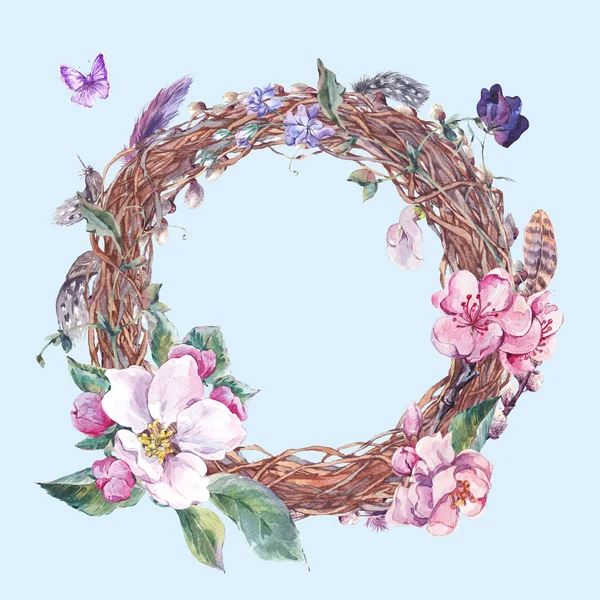 Watercolor spring wreath, bouquet with blossom apple tree — ストック写真