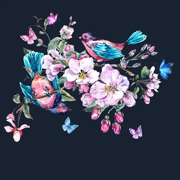Вітальна листівка з квітучими гілками і птахами — стокове фото