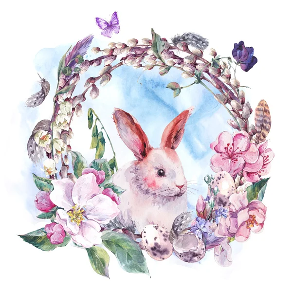 Watercolor spring Happy Easter wreath — Stok fotoğraf
