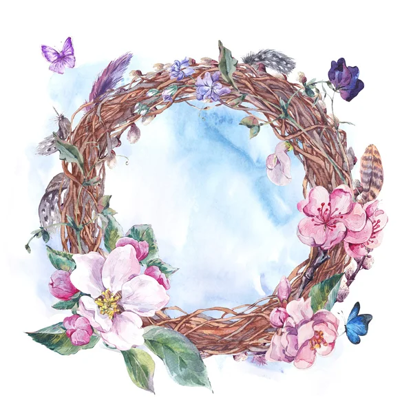 Watercolor spring wreath, bouquet with blossom apple tree — стоковое фото