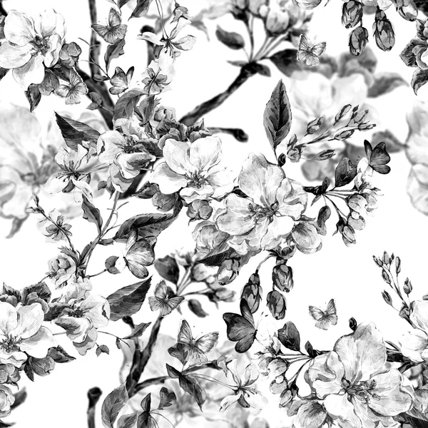 Aquarelle printemps fond sans couture avec des branches en fleurs — Photo