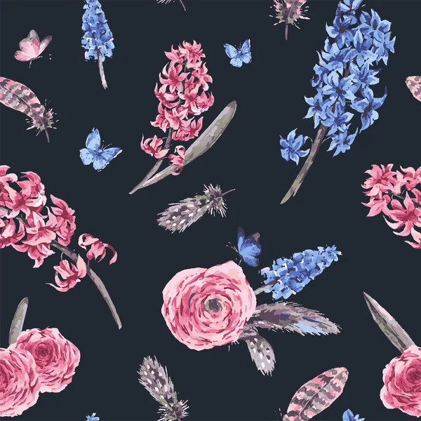 Vintage spring seamless pattern with blooming flowers bouquet — 스톡 벡터