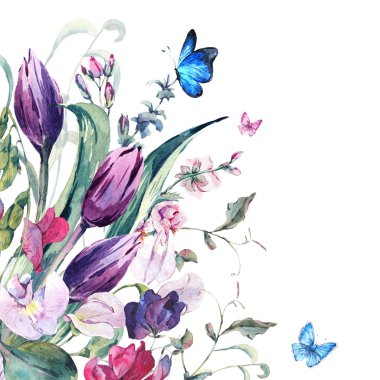Watercolor Greeting Card with Sweet Peas, Tulips