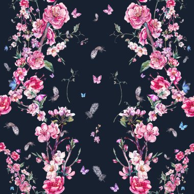 Watercolor seamless background with pink blooming branches